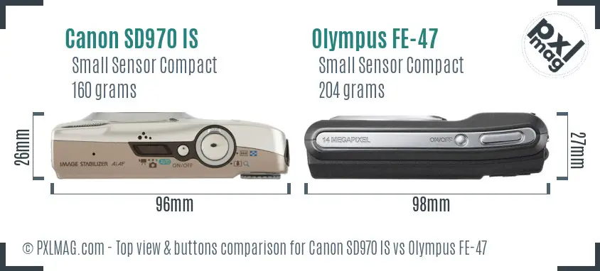 Canon SD970 IS vs Olympus FE-47 top view buttons comparison