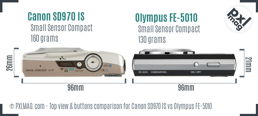 Canon SD970 IS vs Olympus FE-5010 top view buttons comparison