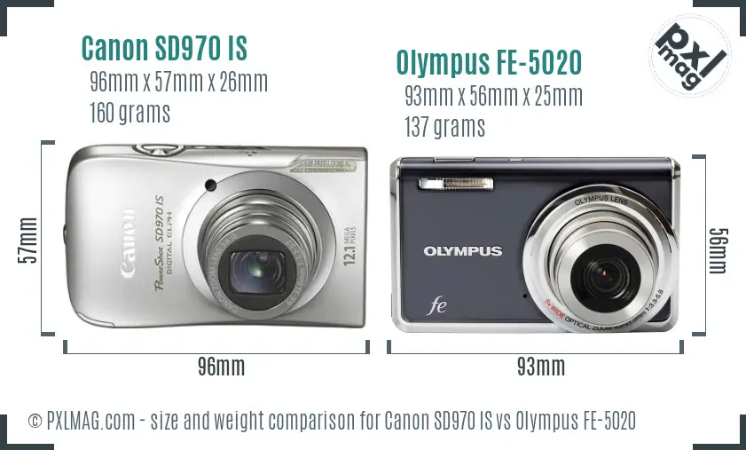 Canon SD970 IS vs Olympus FE-5020 size comparison Canon SD970 IS vs Olympus FE-5020 size comparison