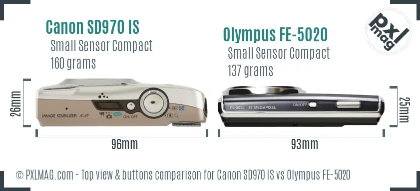 Canon SD970 IS vs Olympus FE-5020 top view buttons comparison Canon SD970 IS vs Olympus FE-5020 top view buttons comparison