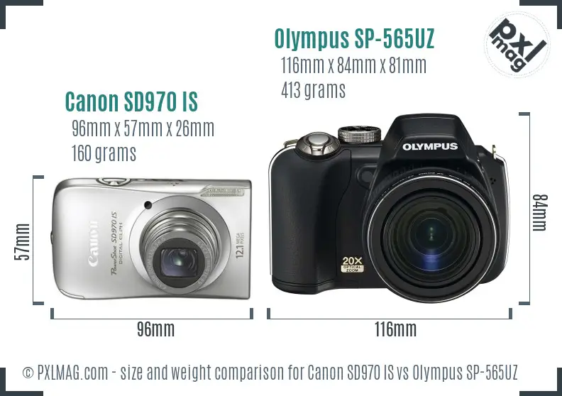 Canon SD970 IS vs Olympus SP-565UZ size comparison Canon SD970 IS vs Olympus SP-565UZ size comparison