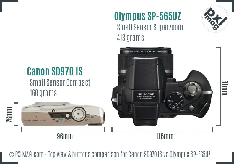 Canon SD970 IS vs Olympus SP-565UZ top view buttons comparison Canon SD970 IS vs Olympus SP-565UZ top view buttons comparison