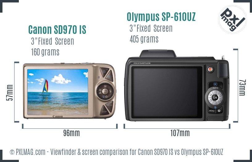 Canon SD970 IS vs Olympus SP-610UZ Screen and Viewfinder comparison