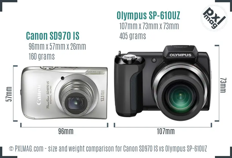 Canon SD970 IS vs Olympus SP-610UZ size comparison