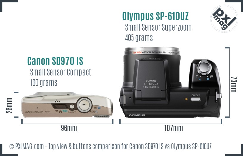 Canon SD970 IS vs Olympus SP-610UZ top view buttons comparison