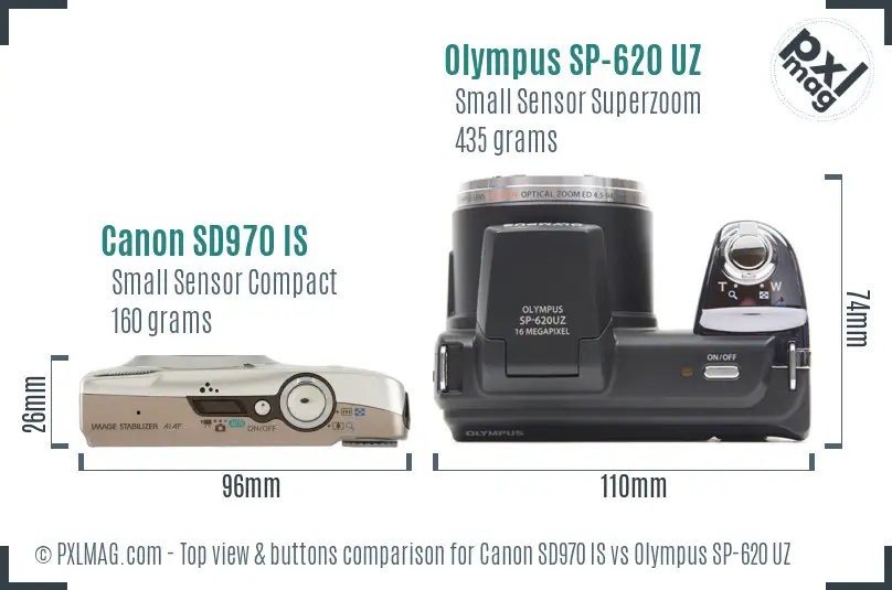 Canon SD970 IS vs Olympus SP-620 UZ top view buttons comparison