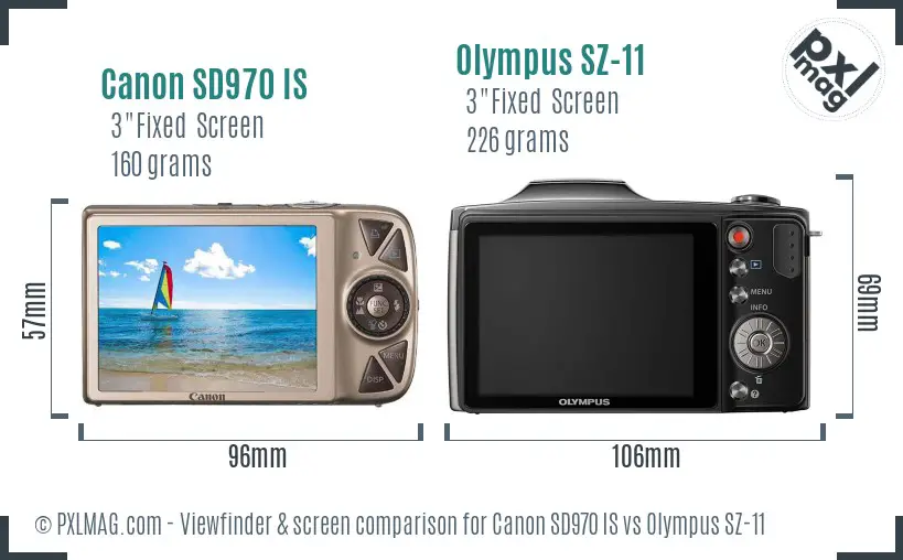 Canon SD970 IS vs Olympus SZ-11 Screen and Viewfinder comparison