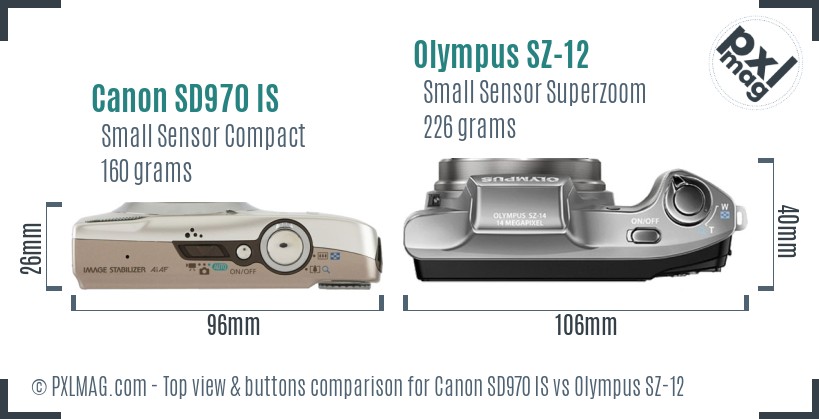 Canon SD970 IS vs Olympus SZ-12 top view buttons comparison