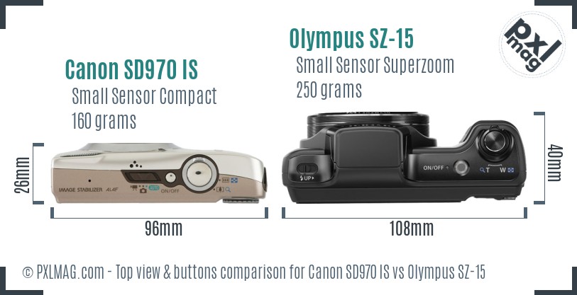 Canon SD970 IS vs Olympus SZ-15 top view buttons comparison