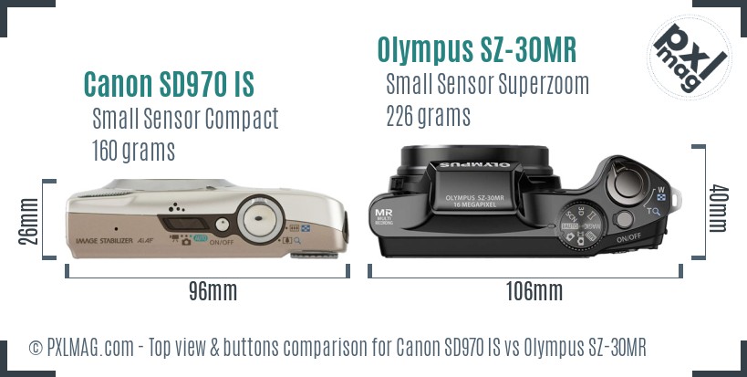 Canon SD970 IS vs Olympus SZ-30MR top view buttons comparison