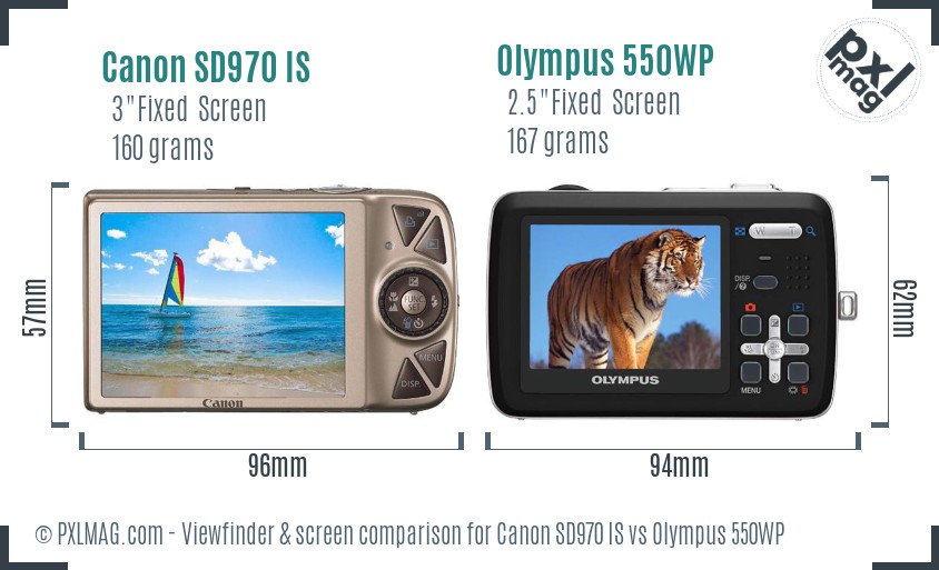 Canon SD970 IS vs Olympus 550WP Screen and Viewfinder comparison