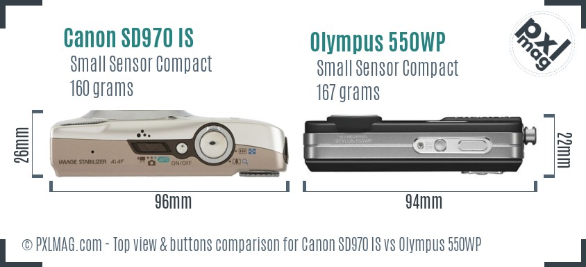 Canon SD970 IS vs Olympus 550WP top view buttons comparison