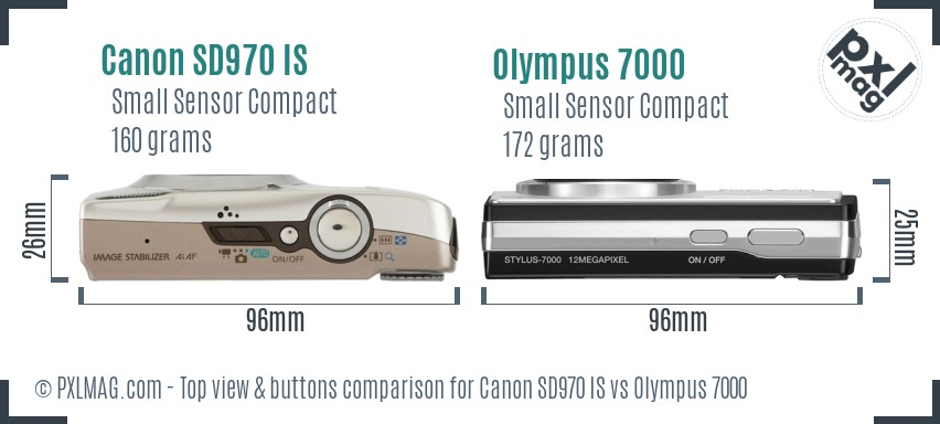 Canon SD970 IS vs Olympus 7000 top view buttons comparison