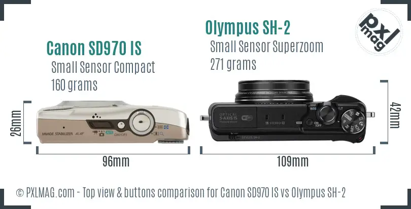 Canon SD970 IS vs Olympus SH-2 top view buttons comparison