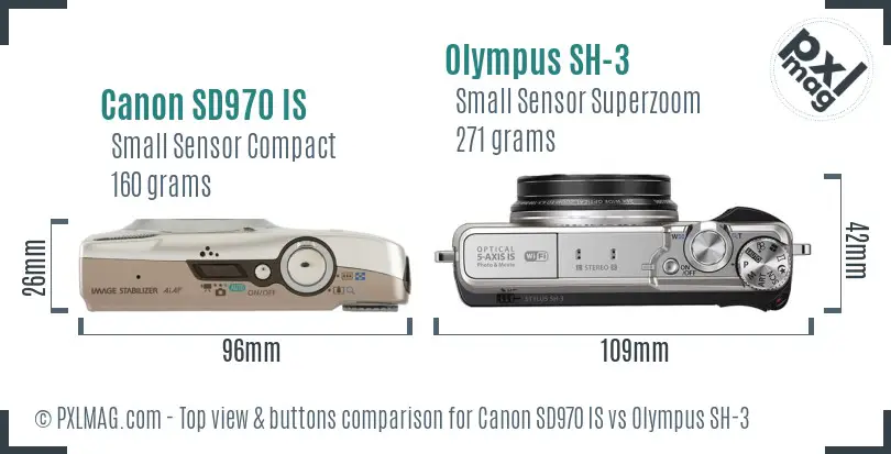 Canon SD970 IS vs Olympus SH-3 top view buttons comparison