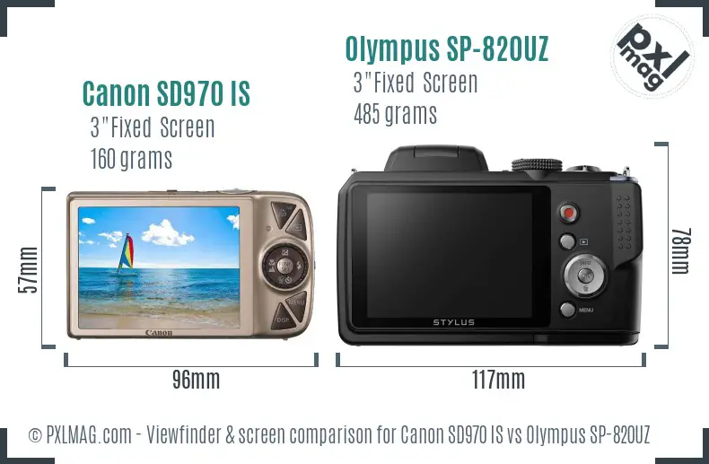 Canon SD970 IS vs Olympus SP-820UZ Screen and Viewfinder comparison