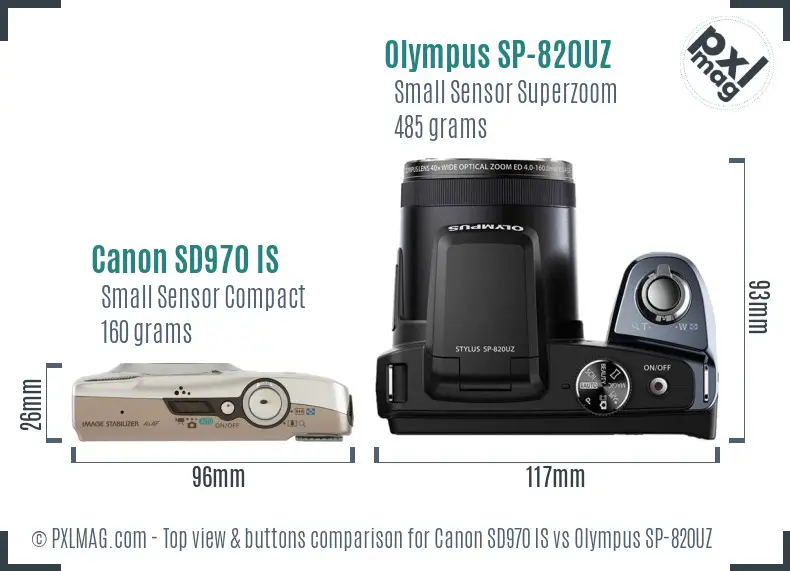 Canon SD970 IS vs Olympus SP-820UZ top view buttons comparison