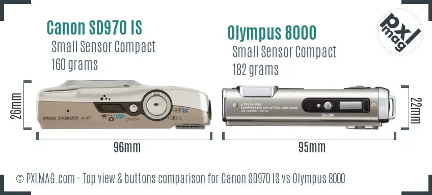 Canon SD970 IS vs Olympus 8000 top view buttons comparison Canon SD970 IS vs Olympus 8000 top view buttons comparison