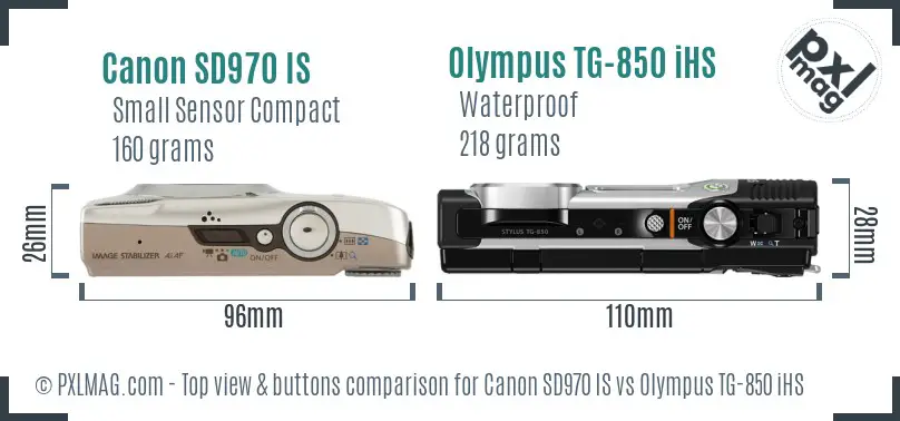 Canon SD970 IS vs Olympus TG-850 iHS top view buttons comparison