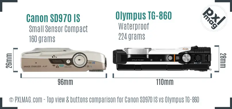 Canon SD970 IS vs Olympus TG-860 top view buttons comparison