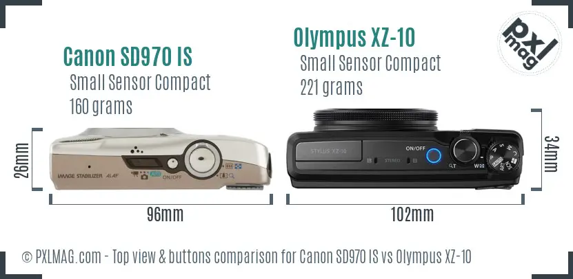 Canon SD970 IS vs Olympus XZ-10 top view buttons comparison