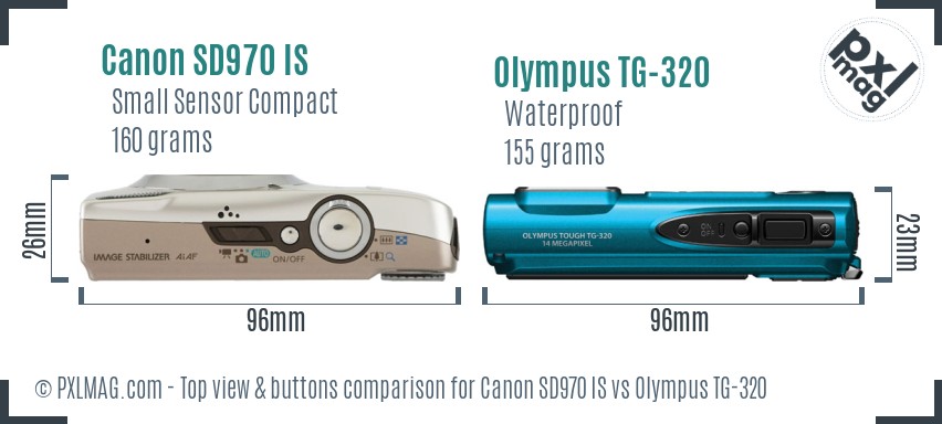 Canon SD970 IS vs Olympus TG-320 top view buttons comparison