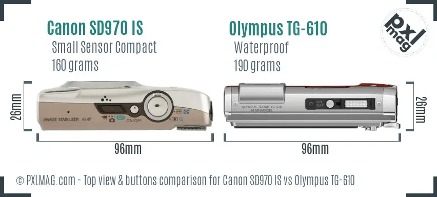 Canon SD970 IS vs Olympus TG-610 top view buttons comparison