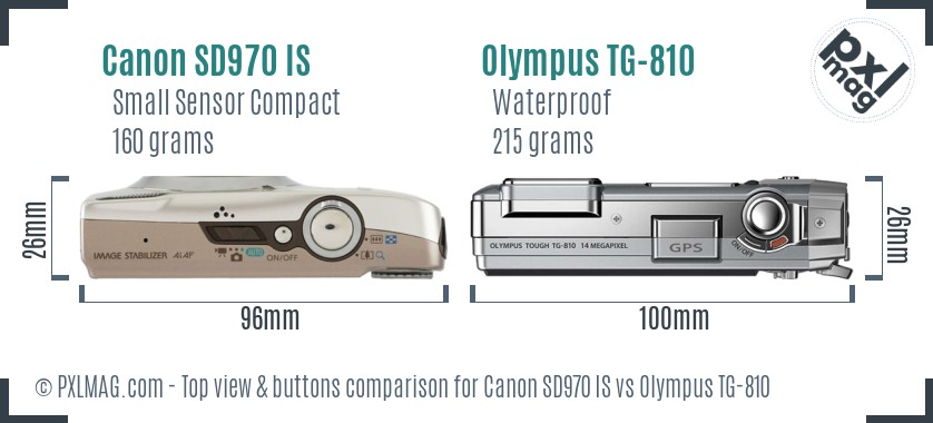 Canon SD970 IS vs Olympus TG-810 top view buttons comparison