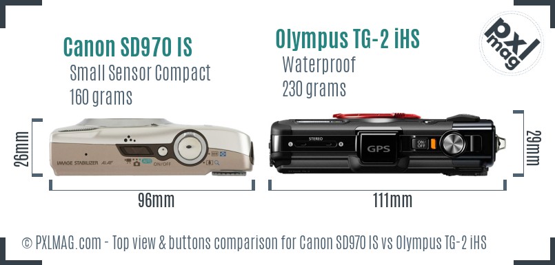 Canon SD970 IS vs Olympus TG-2 iHS top view buttons comparison
