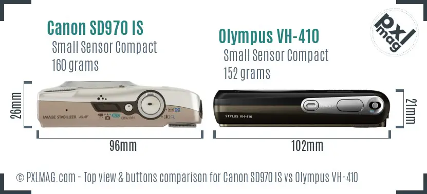 Canon SD970 IS vs Olympus VH-410 top view buttons comparison Canon SD970 IS vs Olympus VH-410 top view buttons comparison