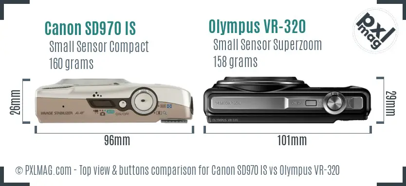 Canon SD970 IS vs Olympus VR-320 top view buttons comparison