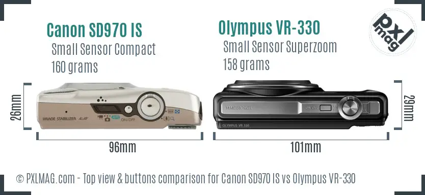 Canon SD970 IS vs Olympus VR-330 top view buttons comparison