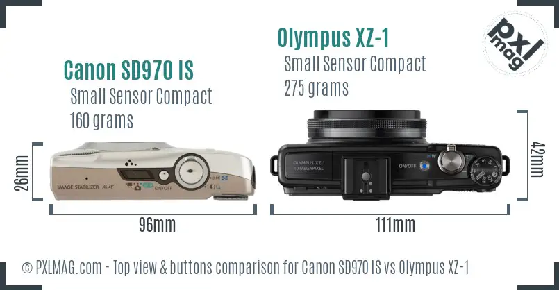 Canon SD970 IS vs Olympus XZ-1 top view buttons comparison