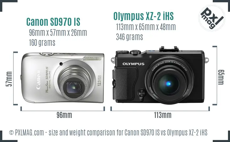 Canon SD970 IS vs Olympus XZ-2 iHS size comparison