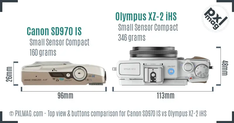 Canon SD970 IS vs Olympus XZ-2 iHS top view buttons comparison