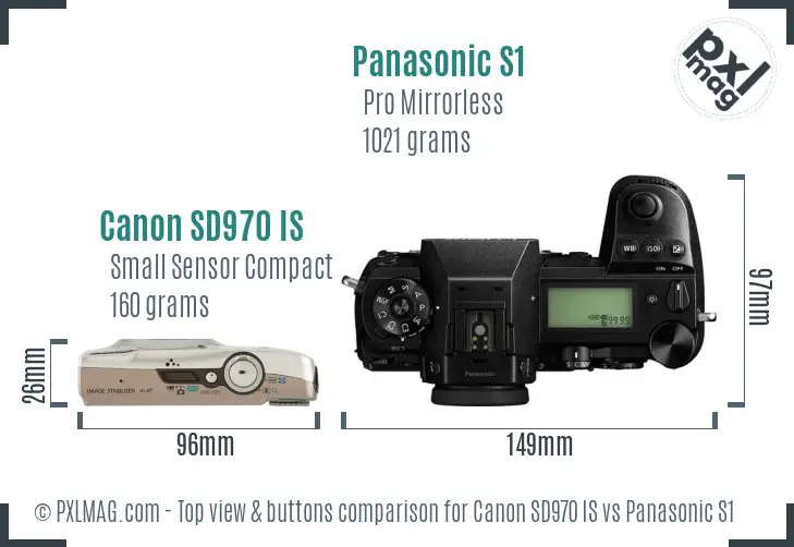 Canon SD970 IS vs Panasonic S1 top view buttons comparison