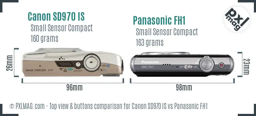 Canon SD970 IS vs Panasonic FH1 top view buttons comparison
