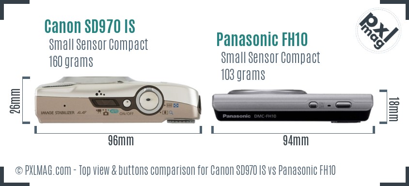 Canon SD970 IS vs Panasonic FH10 top view buttons comparison