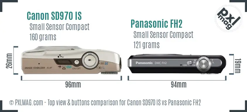 Canon SD970 IS vs Panasonic FH2 top view buttons comparison Canon SD970 IS vs Panasonic FH2 top view buttons comparison