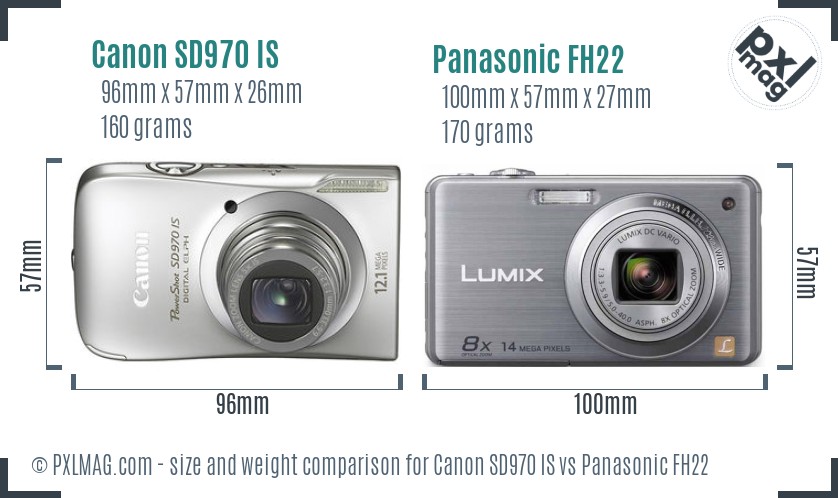 Canon SD970 IS vs Panasonic FH22 size comparison