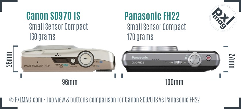Canon SD970 IS vs Panasonic FH22 top view buttons comparison