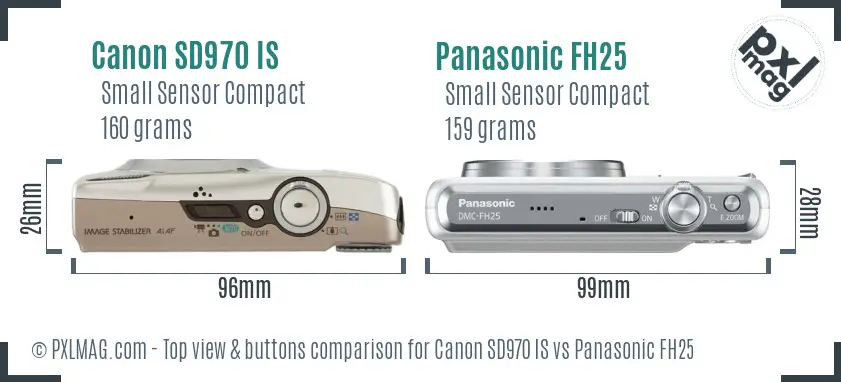 Canon SD970 IS vs Panasonic FH25 top view buttons comparison