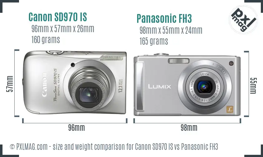 Canon SD970 IS vs Panasonic FH3 size comparison