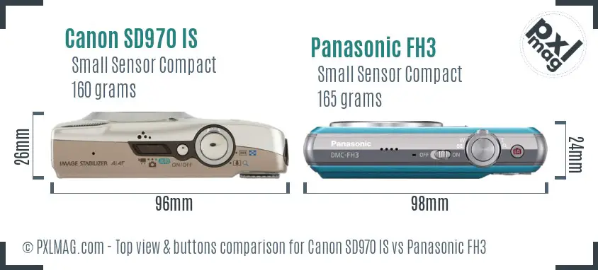 Canon SD970 IS vs Panasonic FH3 top view buttons comparison