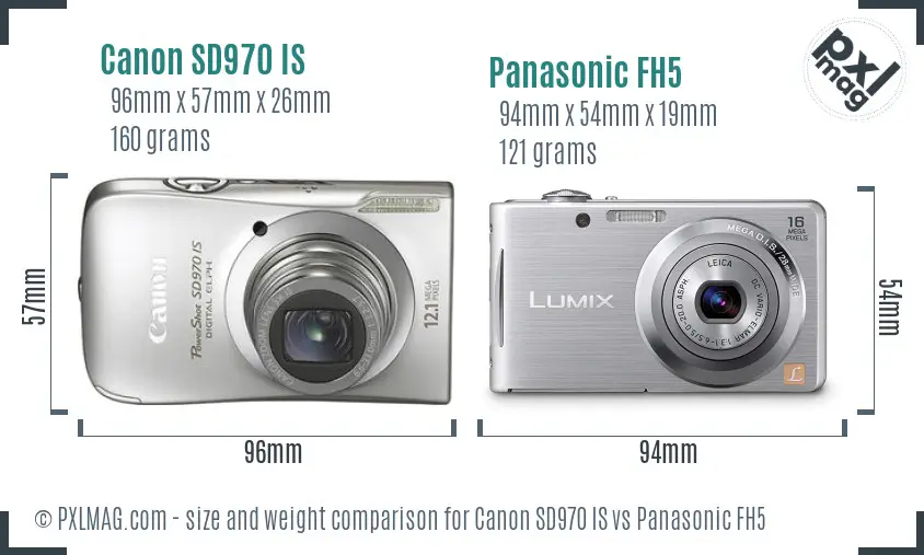 Canon SD970 IS vs Panasonic FH5 size comparison