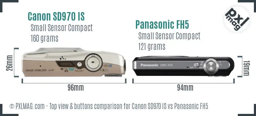Canon SD970 IS vs Panasonic FH5 top view buttons comparison