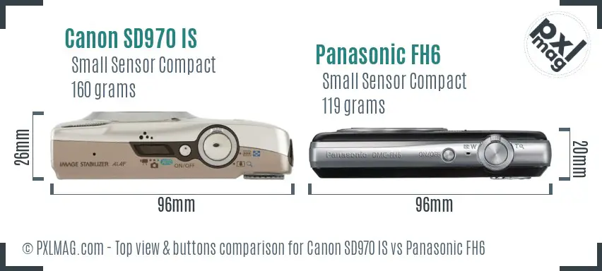 Canon SD970 IS vs Panasonic FH6 top view buttons comparison