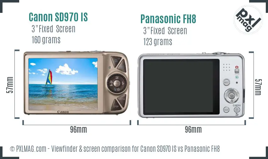 Canon SD970 IS vs Panasonic FH8 Screen and Viewfinder comparison