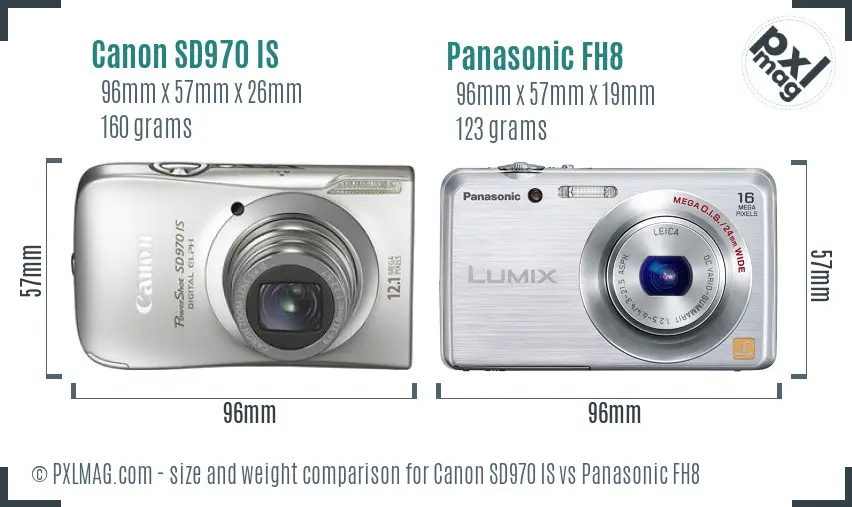 Canon SD970 IS vs Panasonic FH8 size comparison