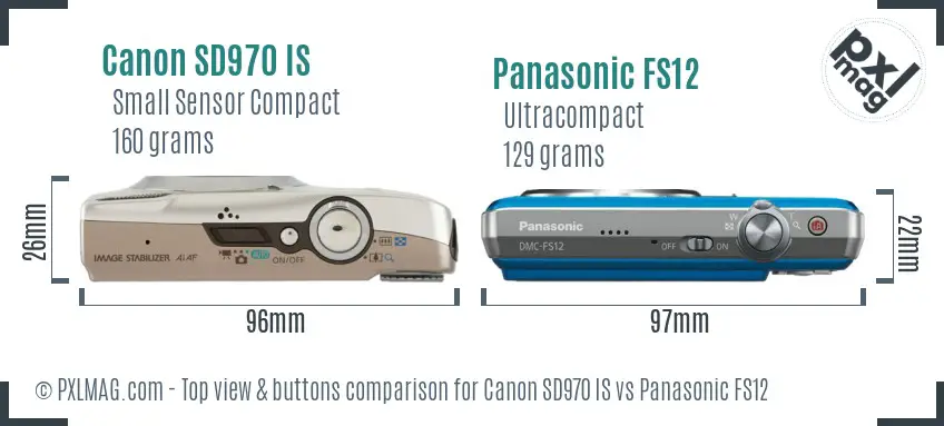 Canon SD970 IS vs Panasonic FS12 top view buttons comparison